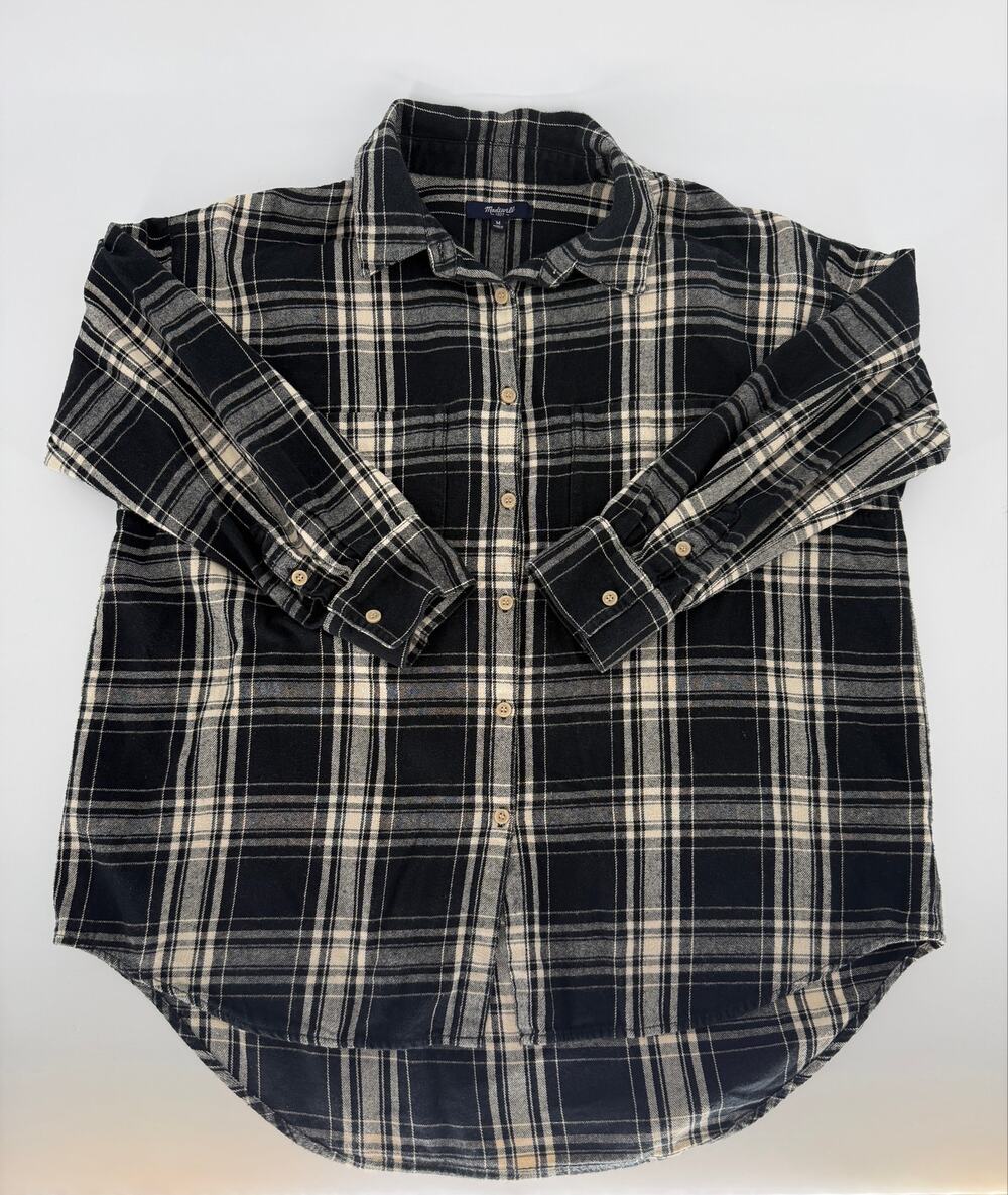 Madewell Plaid Flannel Shirt Womens M Black Cream Cotton Button Down B6396